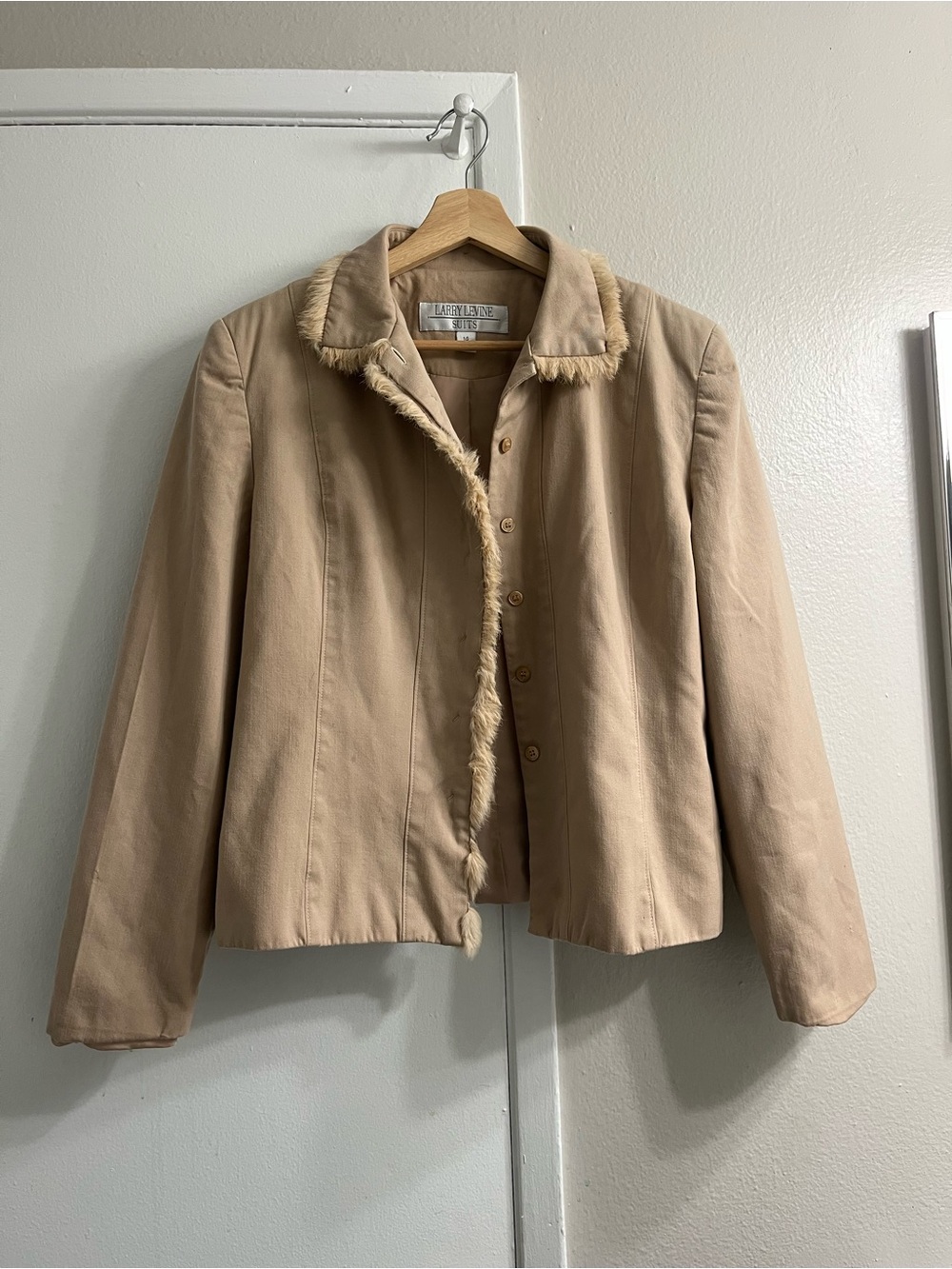 100% wool shell  Larry Levine Women's Beige Teddy Trim Jacket